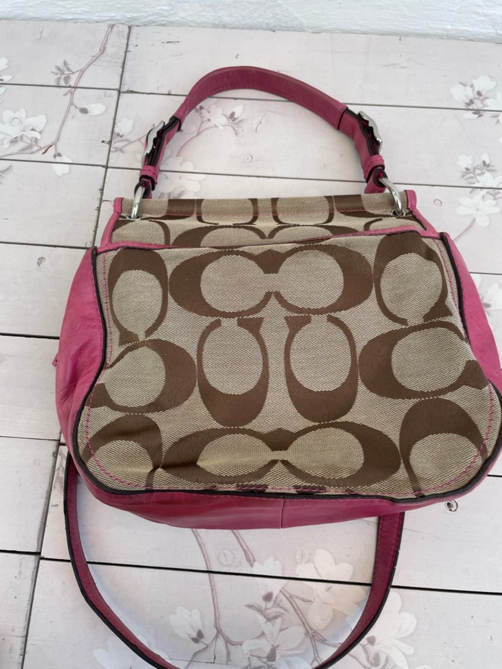 Coach Brown Signature Canvas Crossbody with Pink Trim - Picture 3 of 10